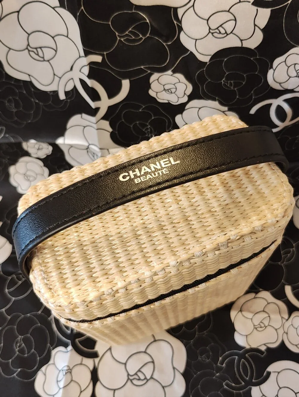 Beige Woven Beauté Mini Bag with Black Trim